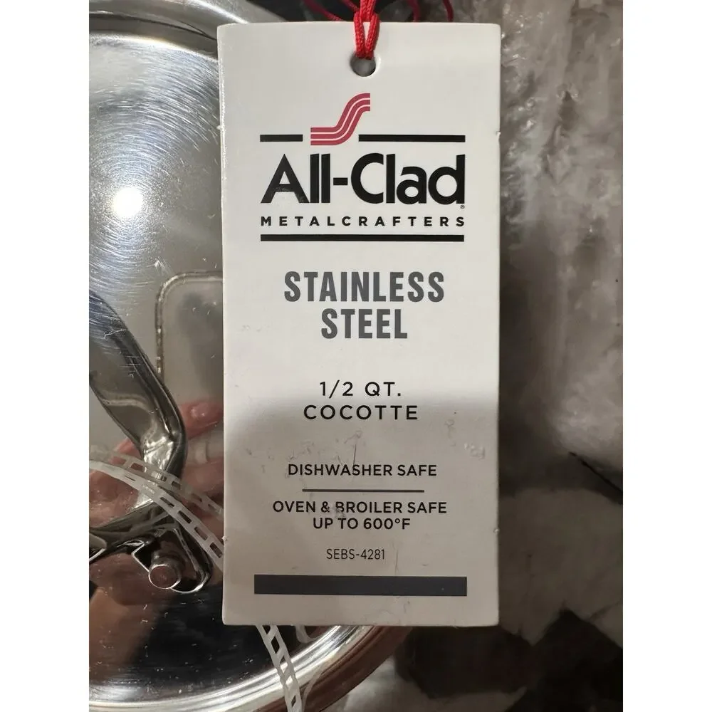Two ALL CLAD Stainless Steel 1/2 QT. Cocotte with Lids. New. Lifetime Warranty